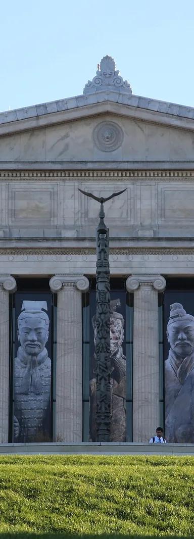 The neoclassical marble exterior of the Field Museum in Chicago, seen from the lakefront Museum Campus