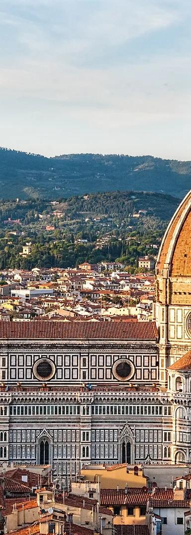 Cattedrale di Santa Maria del Fiore, the Duomo of Florence, viewed from the south showing the dome, bell tower, and marble facade