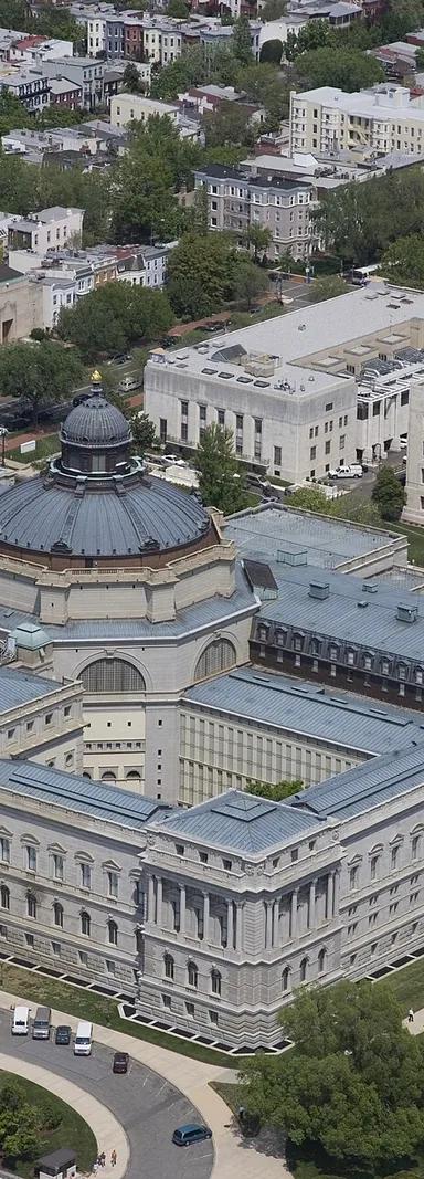 Aerial view of the Thomas Jefferson Building of the Library of Congress, with its copper dome and Beaux-Arts facade, on Capitol Hill in Washington, DC