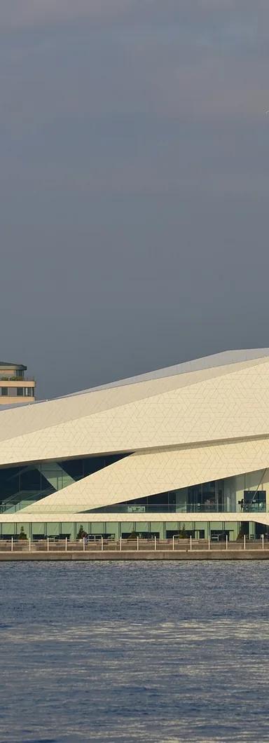 The angular white Eye Filmmuseum building on the north bank of the IJ in Amsterdam