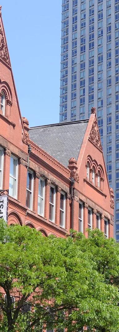 Exterior of MoMA PS1, the historic brick schoolhouse in Long Island City, Queens