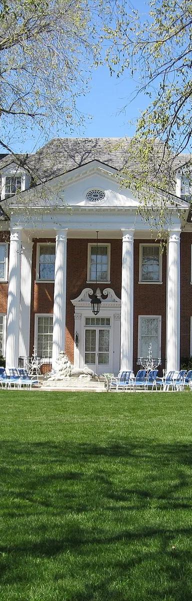 Exterior of the Georgian-style Hillwood mansion, the former Washington, DC home of Marjorie Merriweather Post, seen from the garden side