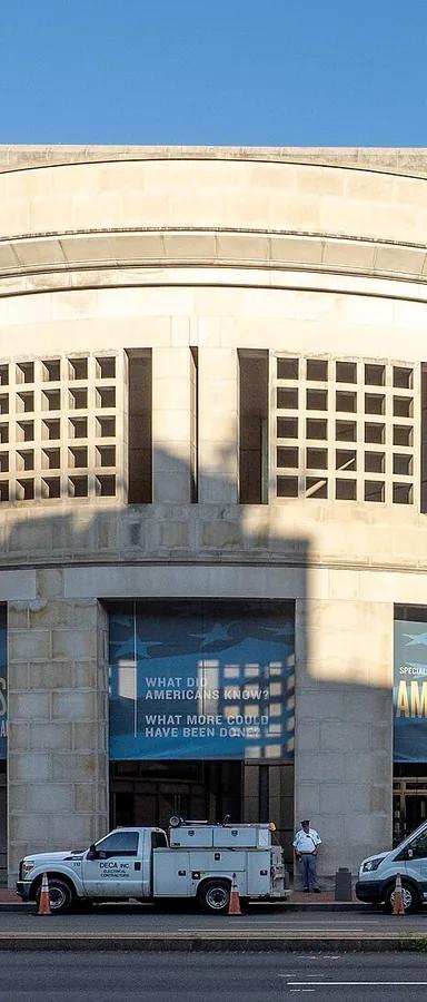 Exterior of the United States Holocaust Memorial Museum in Washington, DC, seen from 14th Street SW