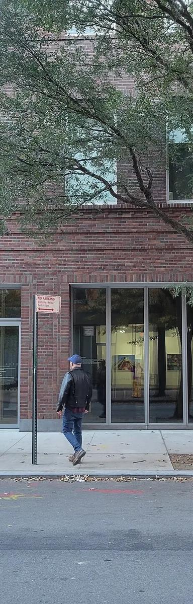 Brick street facade and entrance of Dia Chelsea on West 22nd Street, with the Dia logo and 7000 Oaks basalt stones