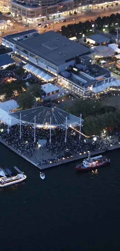Aerial view of the Harbourfront Centre site on Toronto's waterfront at dusk