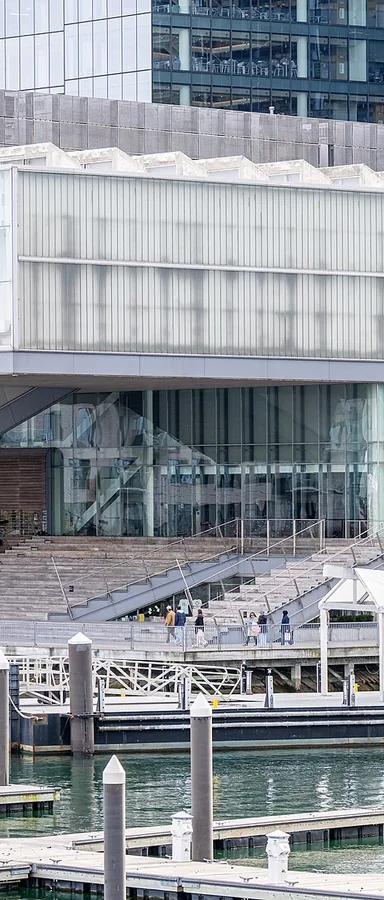 The cantilevered glass and steel Institute of Contemporary Art building by Diller Scofidio + Renfro on the Boston Harbor waterfront
