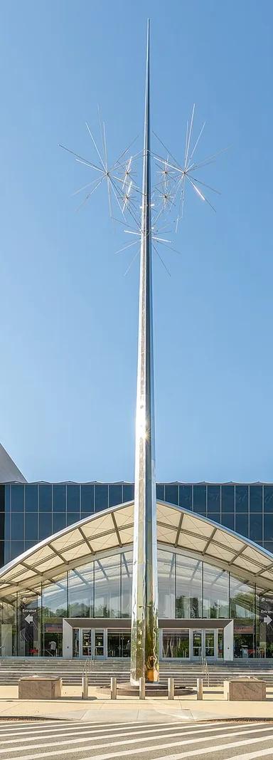 The newly refaced National Mall building of the National Air and Space Museum, showing the glass portico entrance on Jefferson Drive and the Ad Astra sculpture