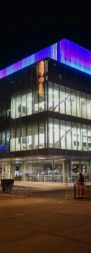 The Image Centre on Gould Street, Toronto, lit up at night