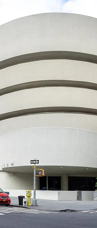 The spiraling white facade of the Solomon R. Guggenheim Museum on Fifth Avenue, designed by Frank Lloyd Wright