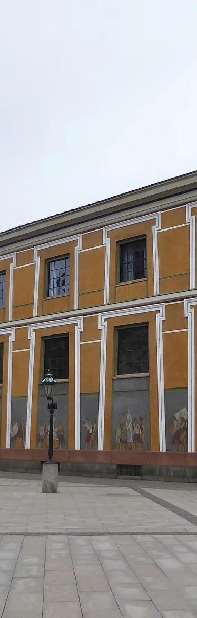 Exterior of Thorvaldsens Museum on Slotsholmen, Copenhagen, with its ochre facade and frieze