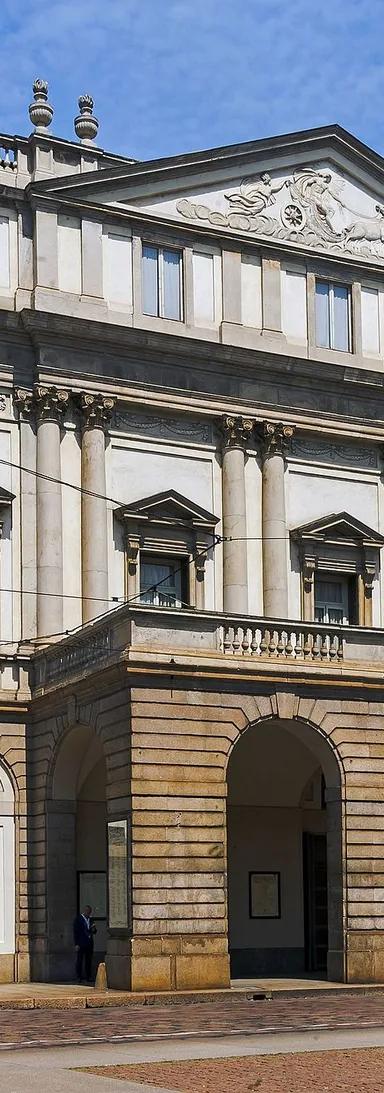 Neoclassical front facade of the Teatro alla Scala on Piazza della Scala, Milan, home of the Museo Teatrale