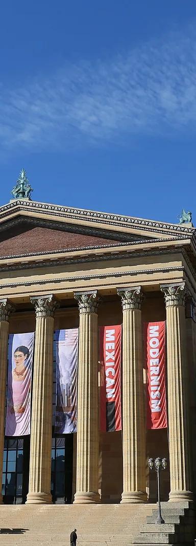 The Greek-revival main building of the Philadelphia Museum of Art seen from the Benjamin Franklin Parkway