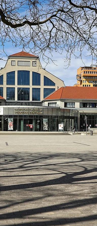 Exterior of the Deutsches Museum Verkehrszentrum's historic exhibition halls in Munich