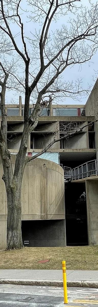 East view of the Carpenter Center for the Visual Arts, Le Corbusier's concrete building with its cantilevered ramp, at Harvard University in Cambridge